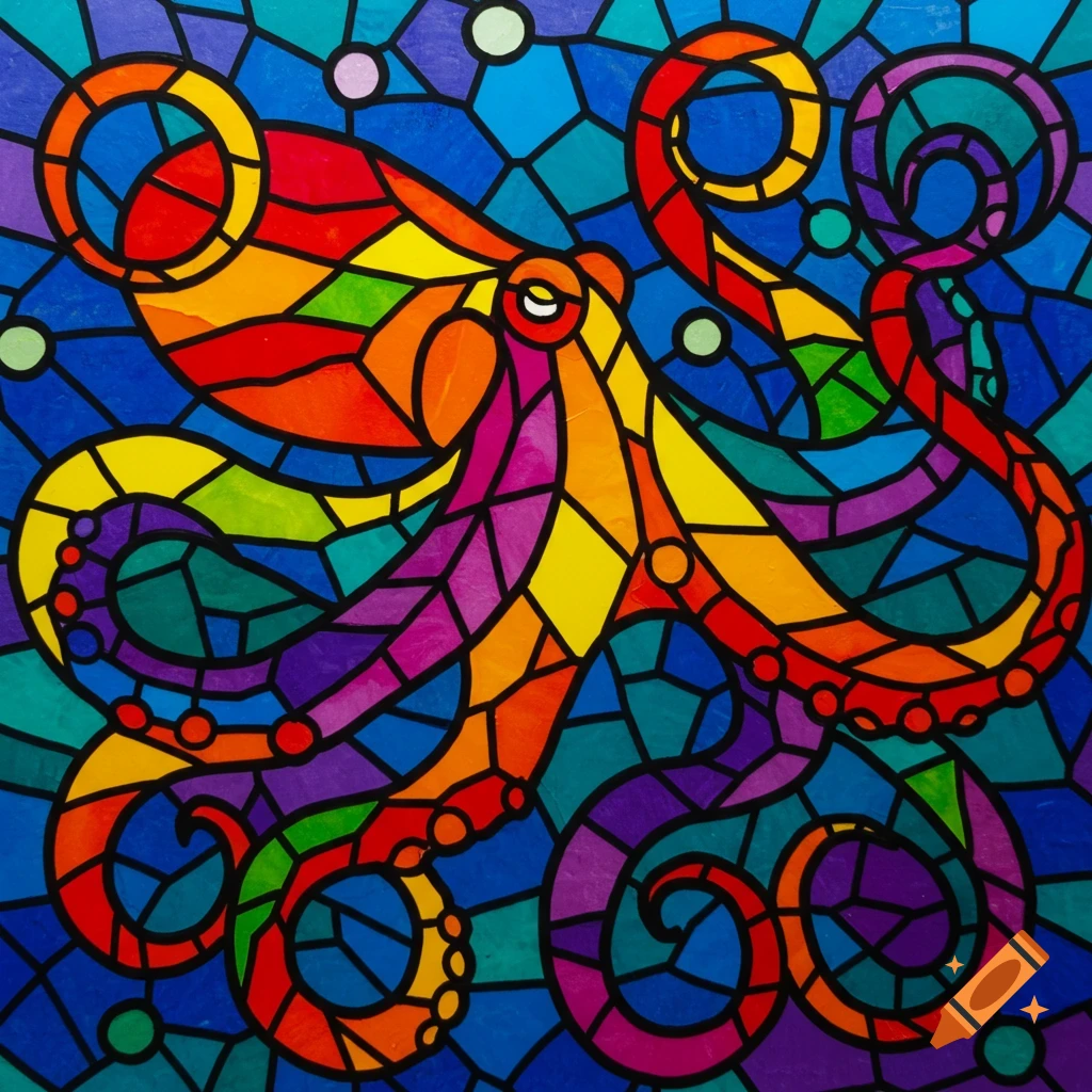 A colorful stained glass octopus with a mosaic of vibrant shapes and black outlines against a blue background.