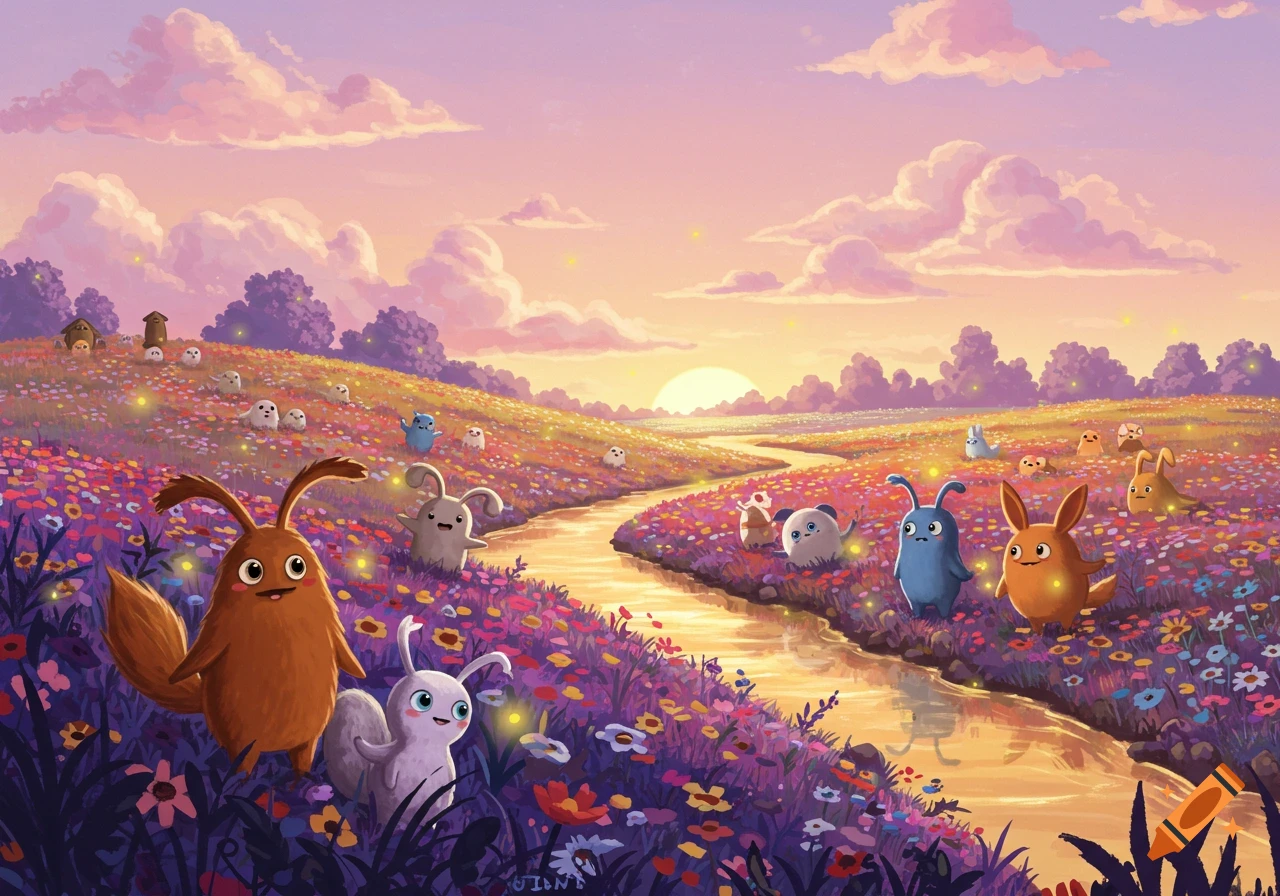 Whimsical landscape illustration of cute, colorful creatures in a field of wildflowers with a winding stream at sunset.