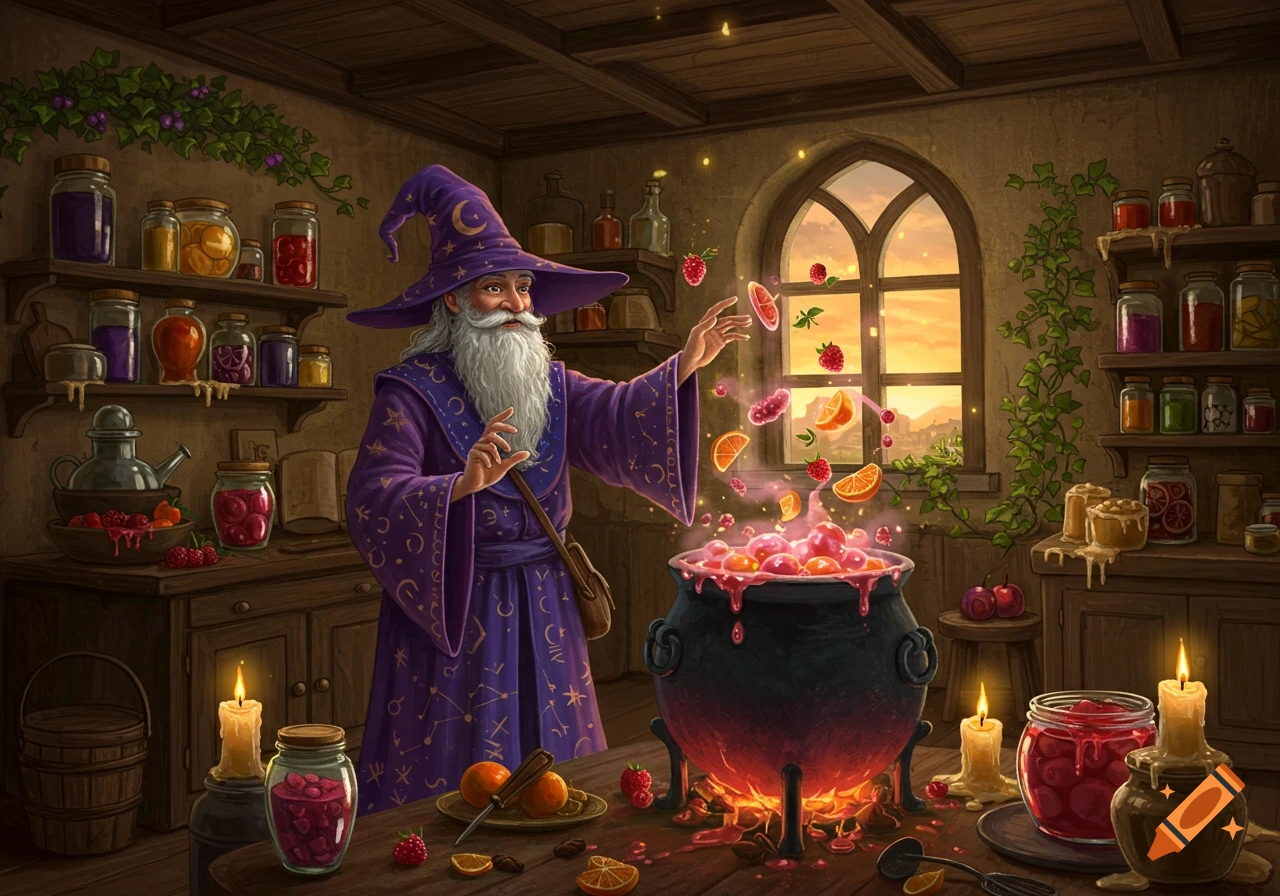 A wise wizard wearing a purple robe and hat casts fruit into a bubbling cauldron in a cozy, magical kitchen.