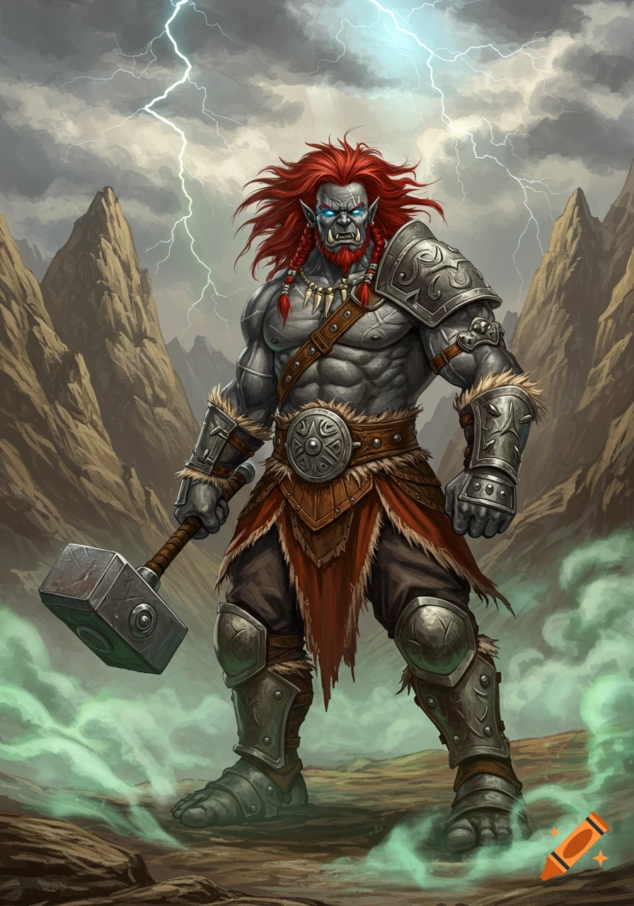 A muscular grey-skinned half-orc barbarian with red hair and beard, glowing blue eyes, holding a hammer in a stormy mountain landscape.