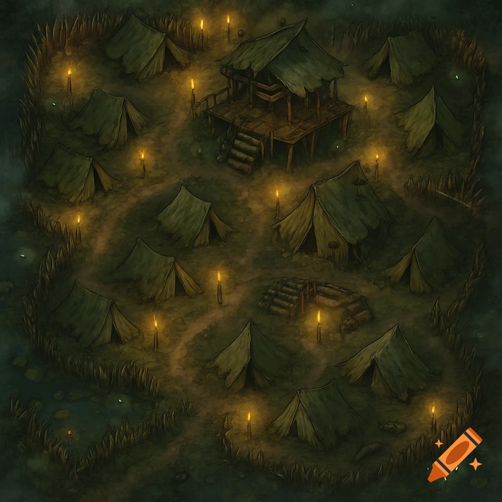 Overhead fantasy D&D battle map of a dark, torch-lit swamp camp with multiple tents and a central raised wooden hut.