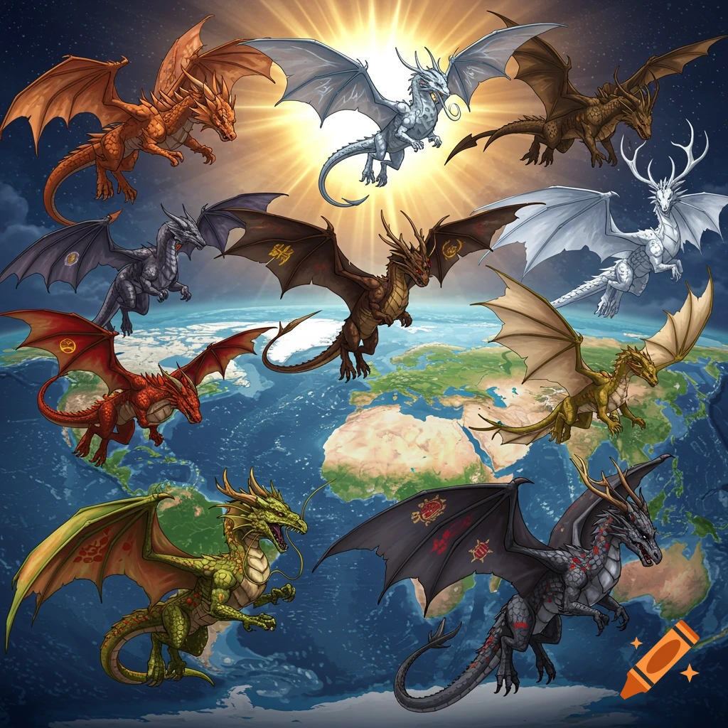 Many colorful dragons fly around a detailed globe of Earth under a bright sun, representing different countries.
