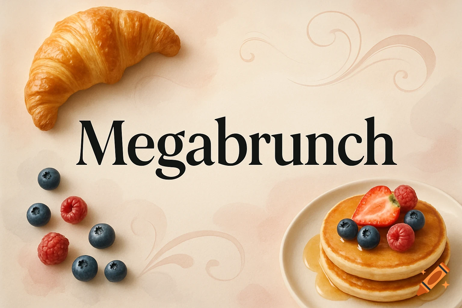 A top-down shot of a croissant, pancakes with berries, and the text 'Megabrunch' on a light background with decorative swirls.