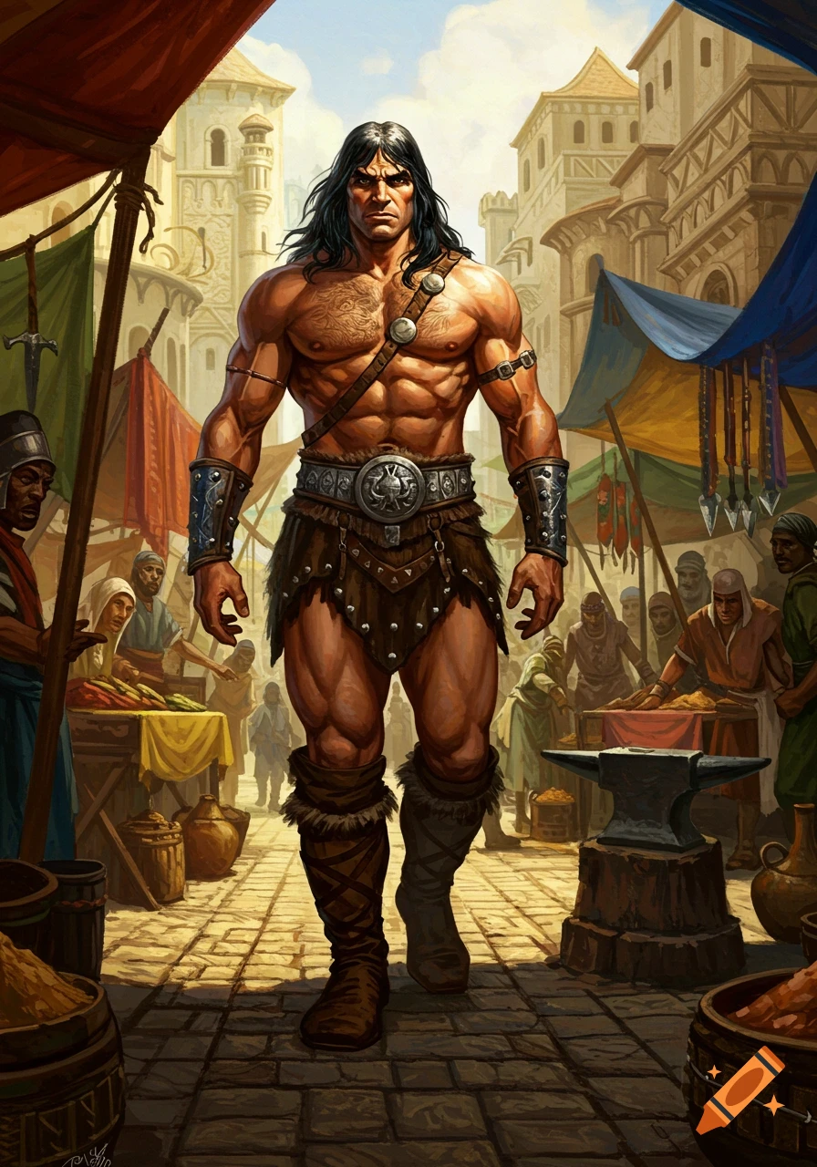 A muscular barbarian with long dark hair walks through a bustling, sunny market street in a detailed fantasy illustration.