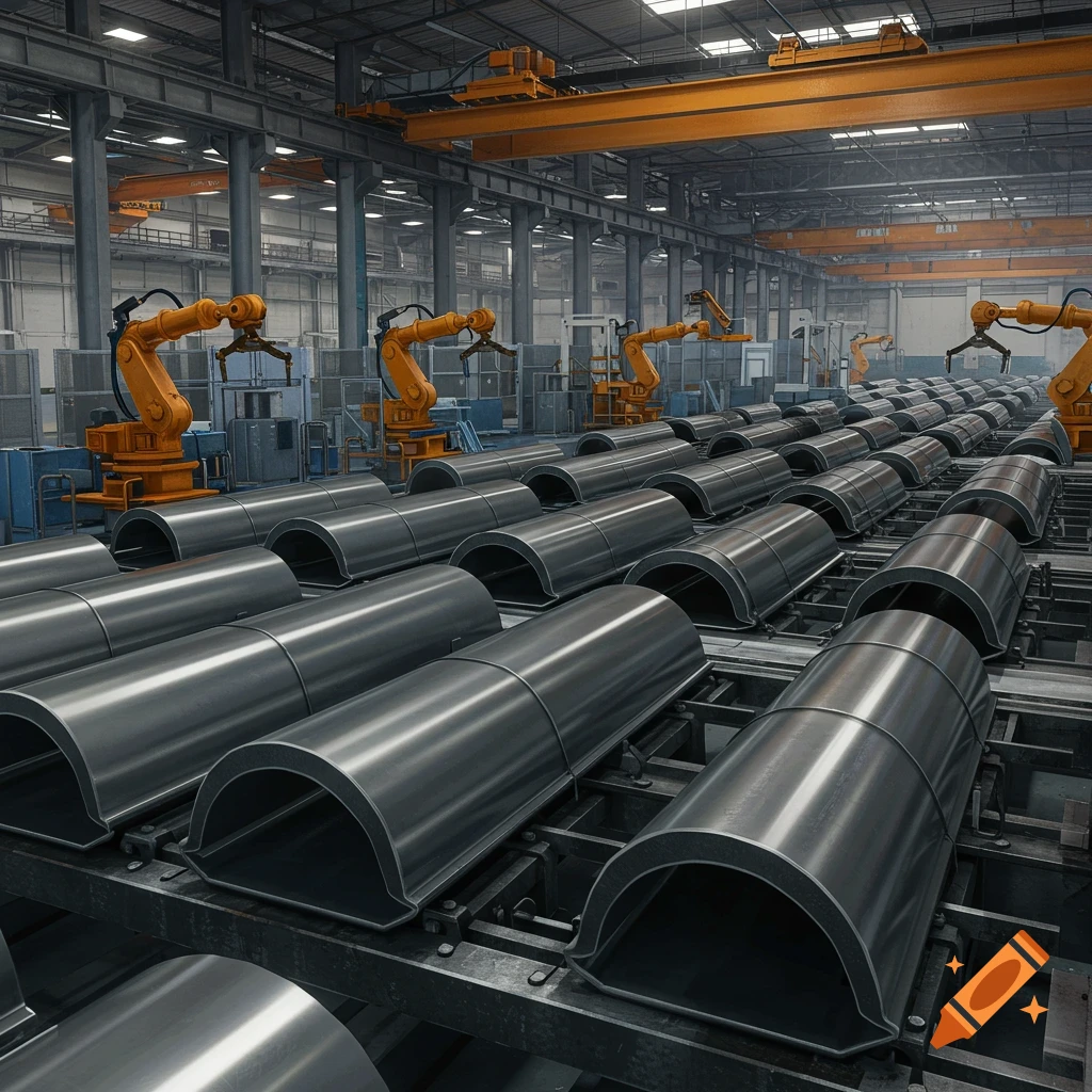 Photorealistic image of a modern factory floor with orange robotic arms working over rows of metal pre-bent sections on a conveyor.
