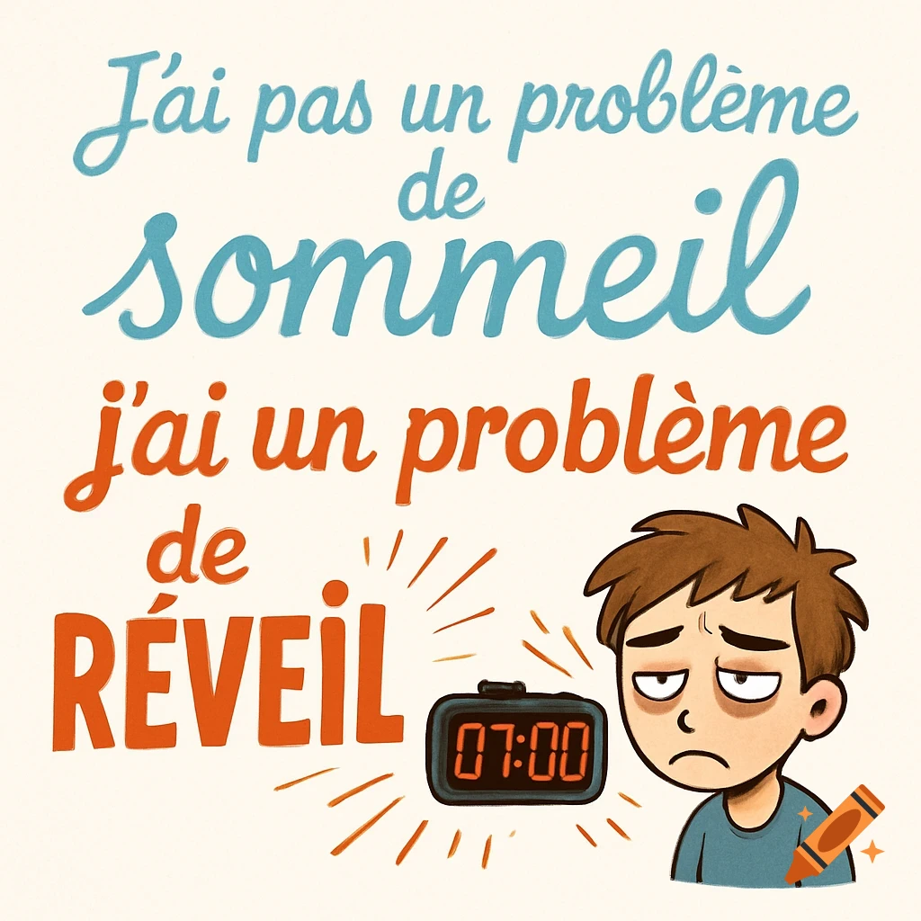 Cartoon illustration of a tired boy next to an alarm clock showing 07:00, with French text about having a problem waking up.