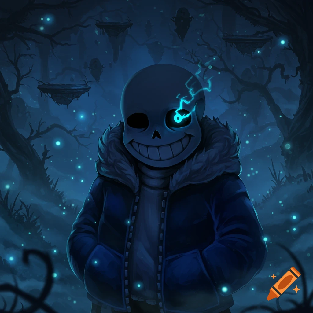 Stylized digital art of Sans the skeleton from Undertale in a dark forest, his left eye glowing blue with lightning.