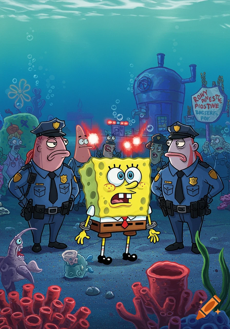 Spongebob Squarepants is handcuffed and being arrested by two police fish underwater, with Patrick Star and other characters watching.