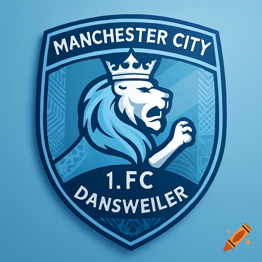 A blue and white shield-shaped sports club logo featuring a crowned lion, with "MANCHESTER CITY" at the top and "1. FC DANSWEILER" at the bottom.