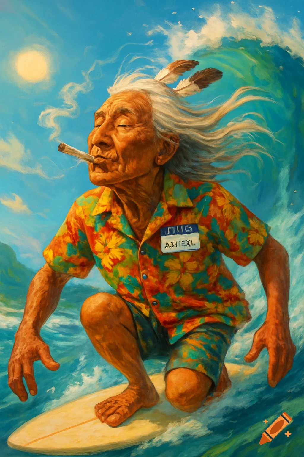 An old man with white hair and feathers in his hair surfs a large wave while smoking, wearing a colorful Hawaiian shirt with a name tag.