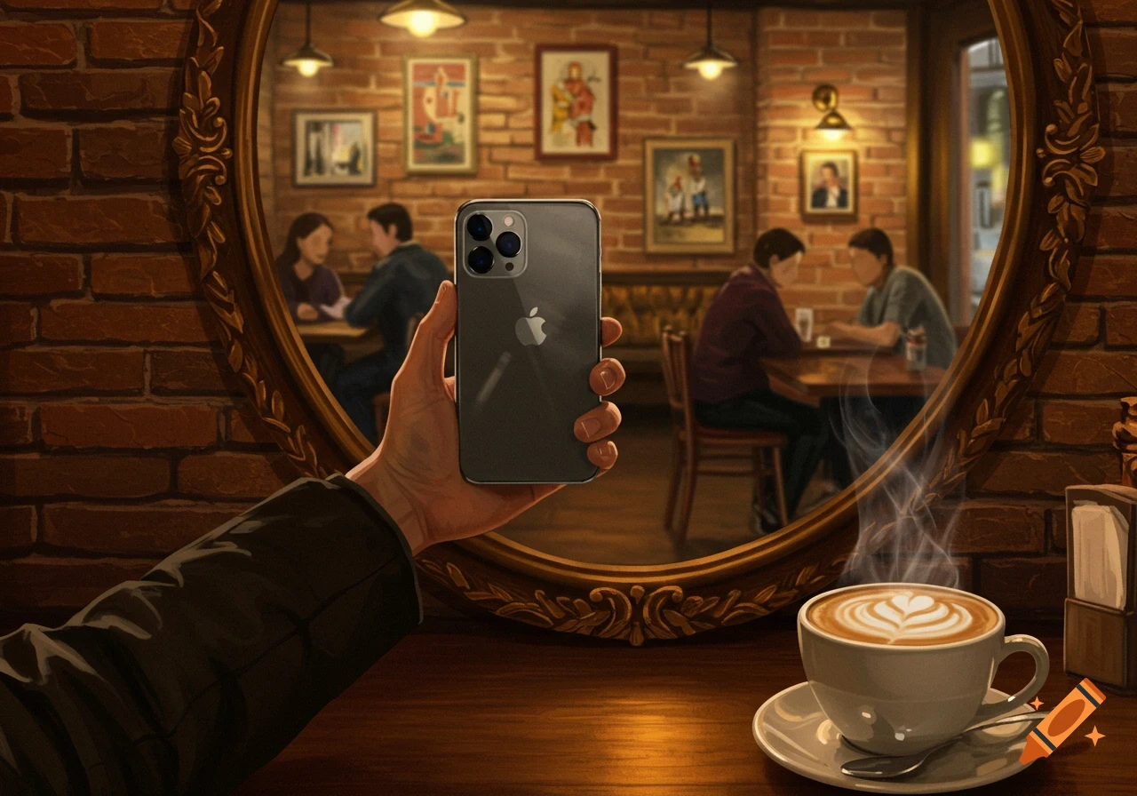 A person holds a dark gray iPhone with an Apple logo in front of a mirror reflecting a bustling cafe scene, with a steaming cup of latte art coffee on a wooden table in the foreground.