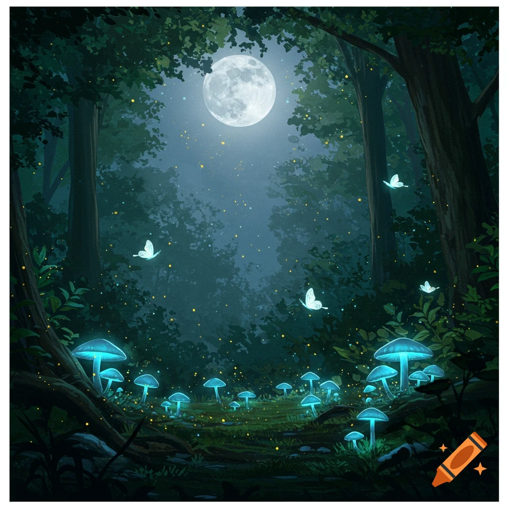 A stylized illustration of a magical forest at night, with a full moon ...