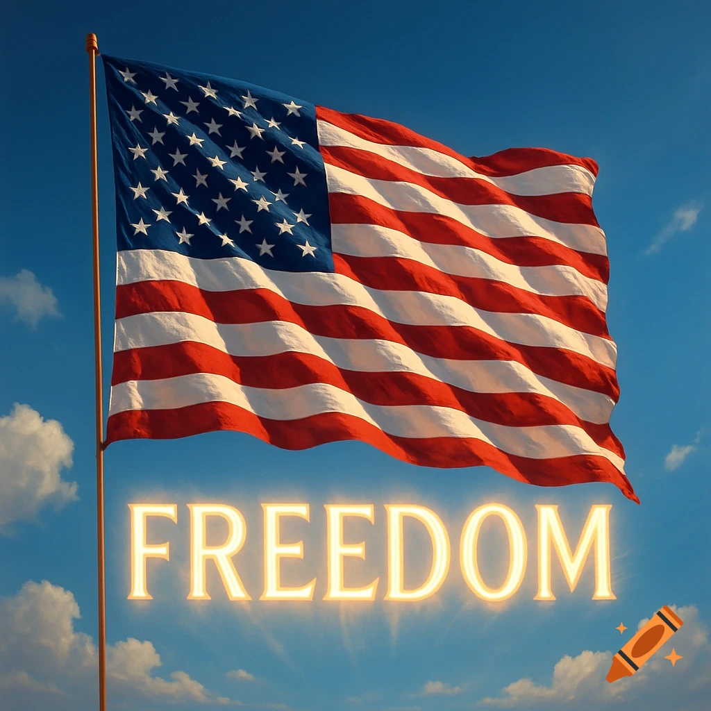 An American flag waves against a blue sky, with the glowing word 'FREEDOM' beneath it.