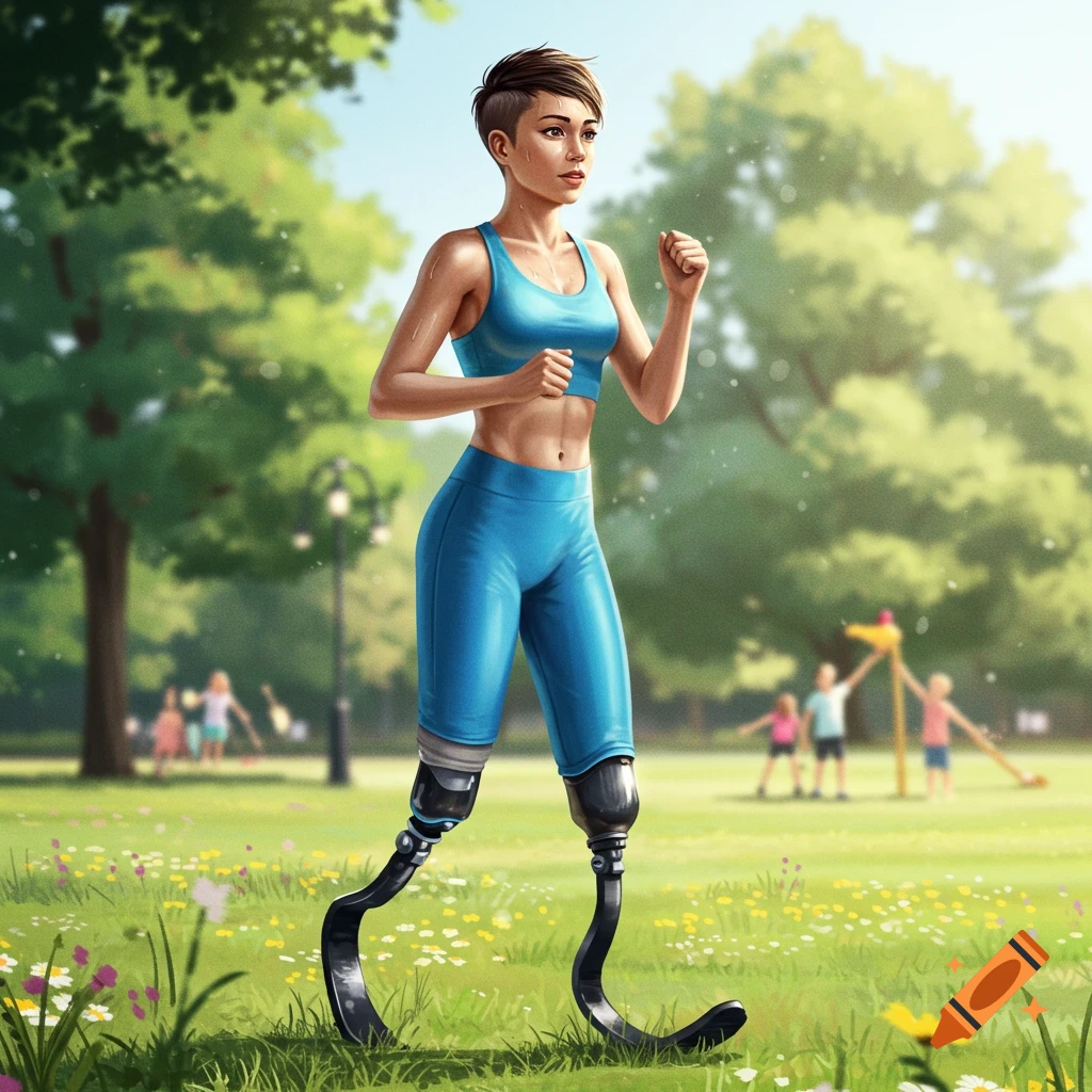 Illustrated woman with prosthetic running blades jogging in a sunny park.