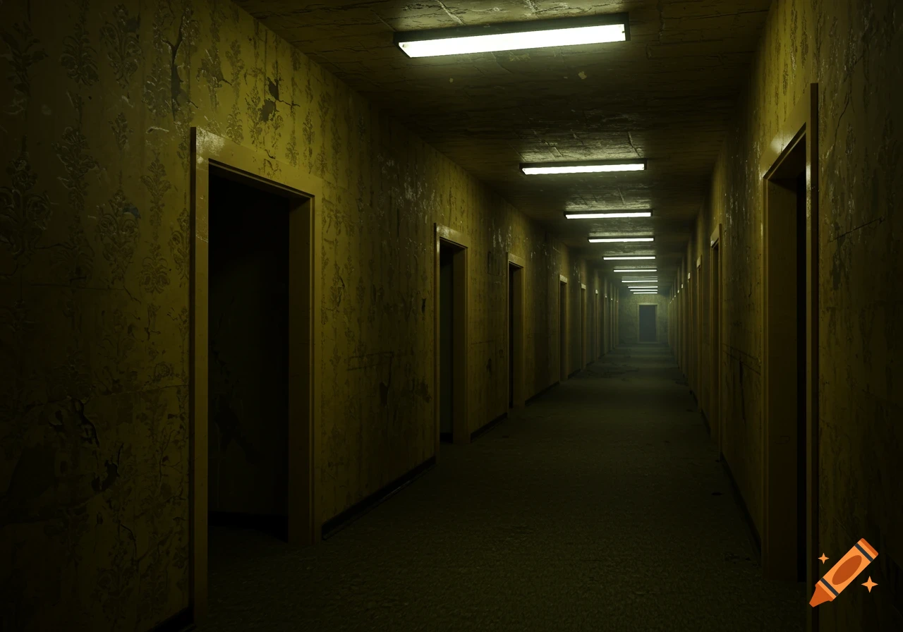 A long, eerie hallway with peeling yellow wallpaper, fluorescent lights, and many dark doorways, typical of the Backrooms.