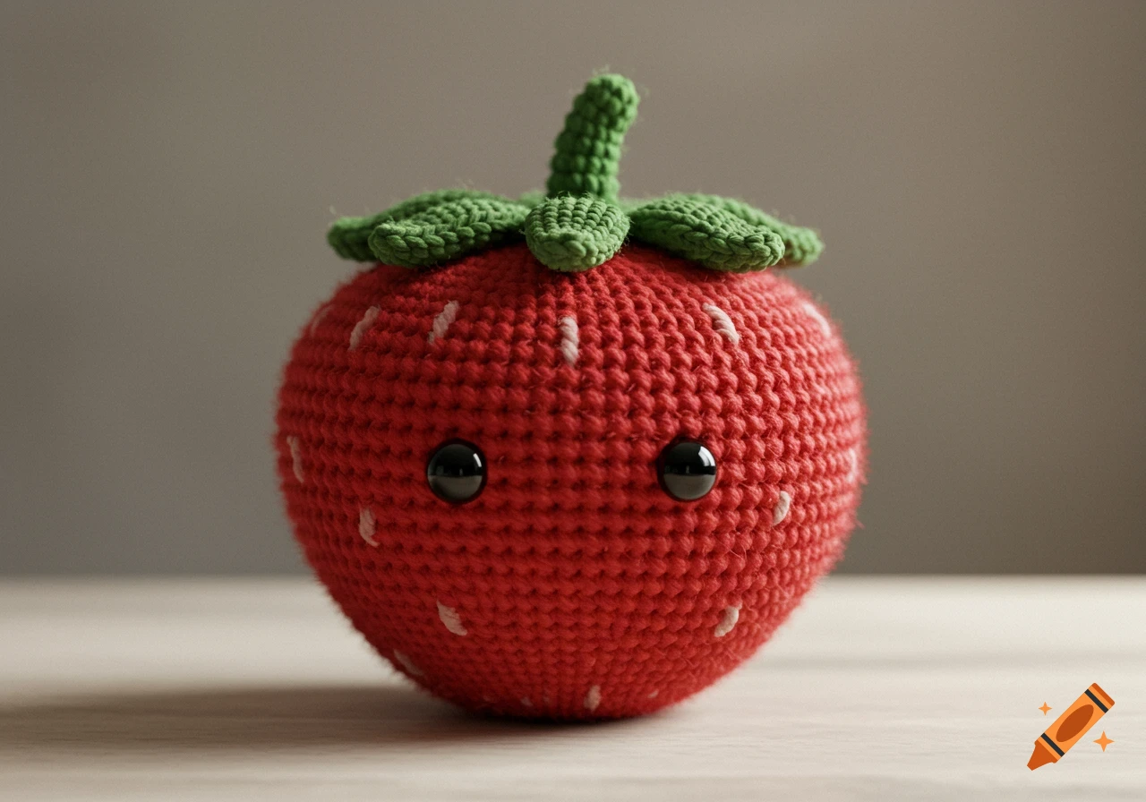 A close-up of a red crocheted strawberry plush toy with green leaves and black safety eyes on a light wooden surface.