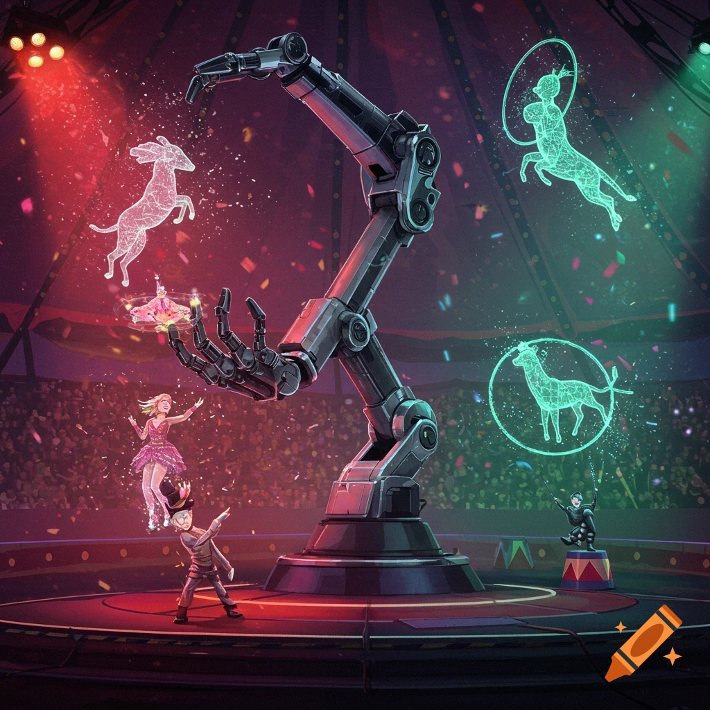 A vibrant illustration of a futuristic circus show with a large robotic arm, human performers, and glowing holographic animals.