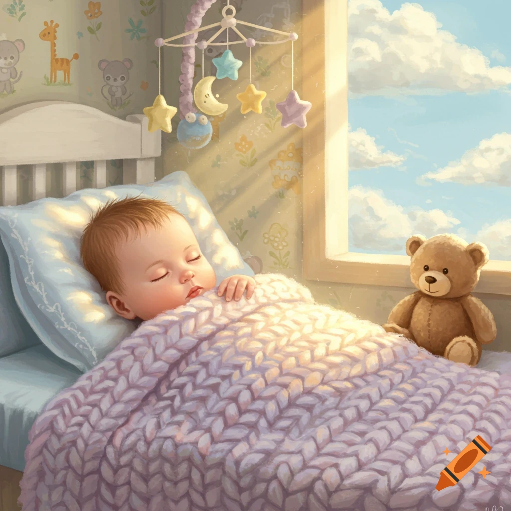 An illustration of a baby sleeping soundly in a crib with a pink knitted blanket, a teddy bear, and sunlight streaming from a window.
