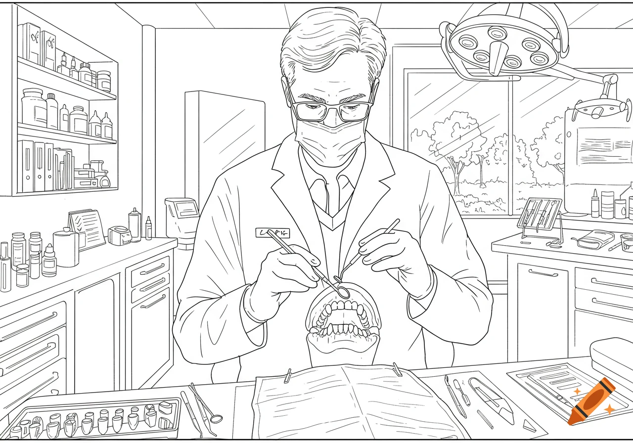 Line art of a masked dentist in a lab coat, examining a patient's open mouth with dental tools in a bright office.