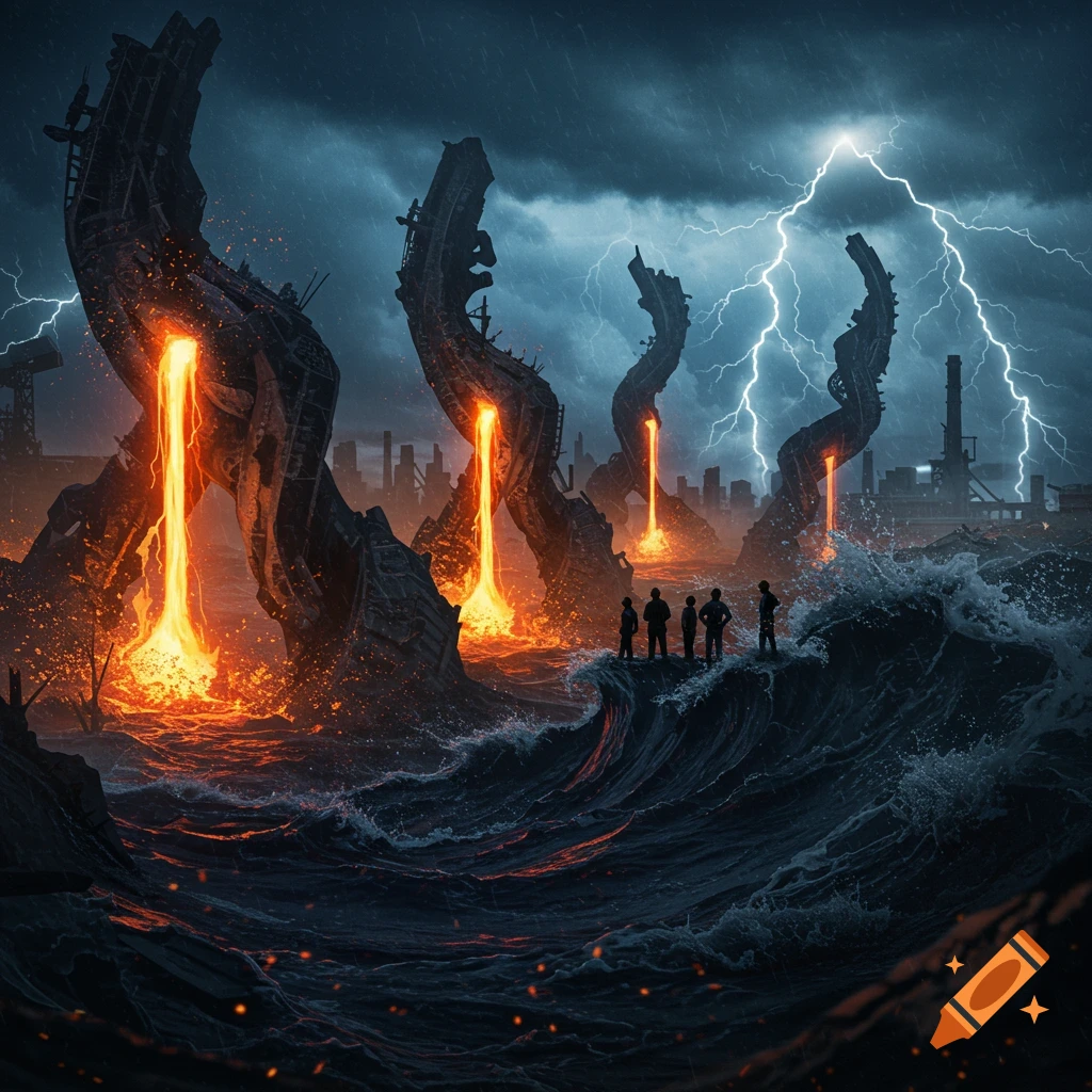 Four figures on a rock watch molten lava pour from colossal structures into a stormy ocean under lightning and a dark sky, with a distant city.