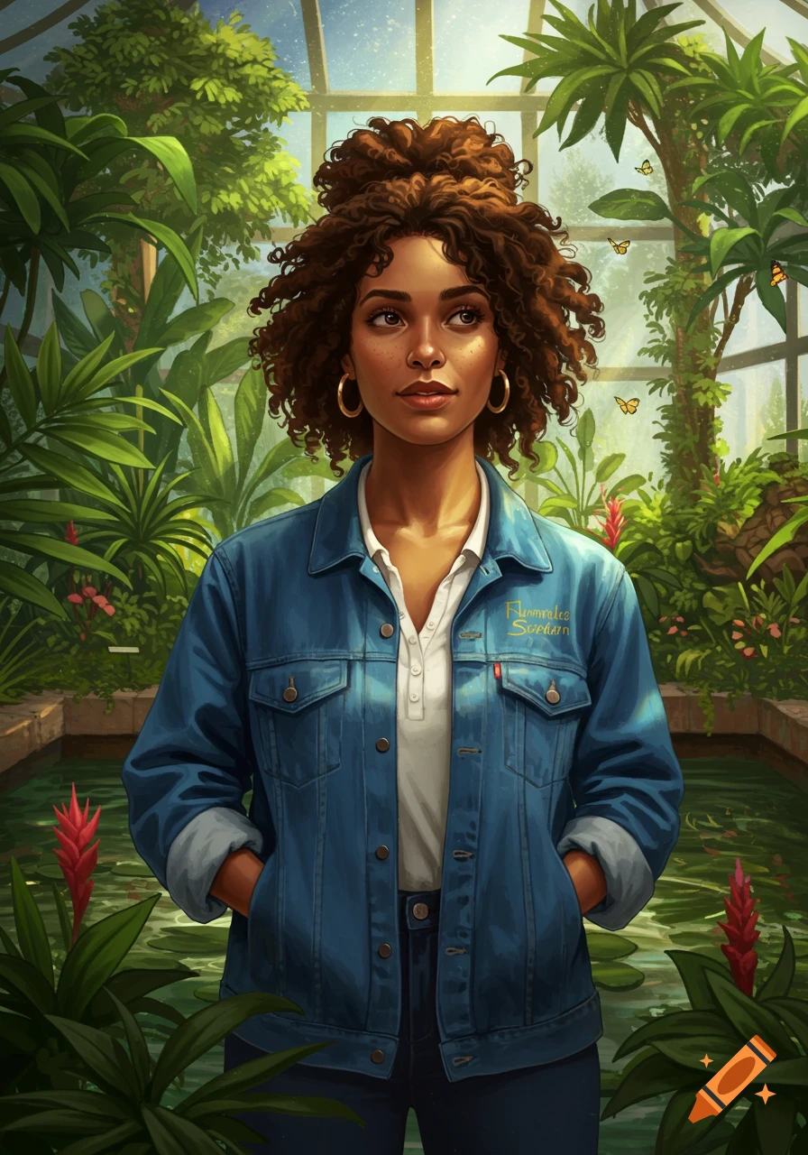 A woman with curly brown hair in a denim jacket and white shirt stands in a lush greenhouse, digital art.