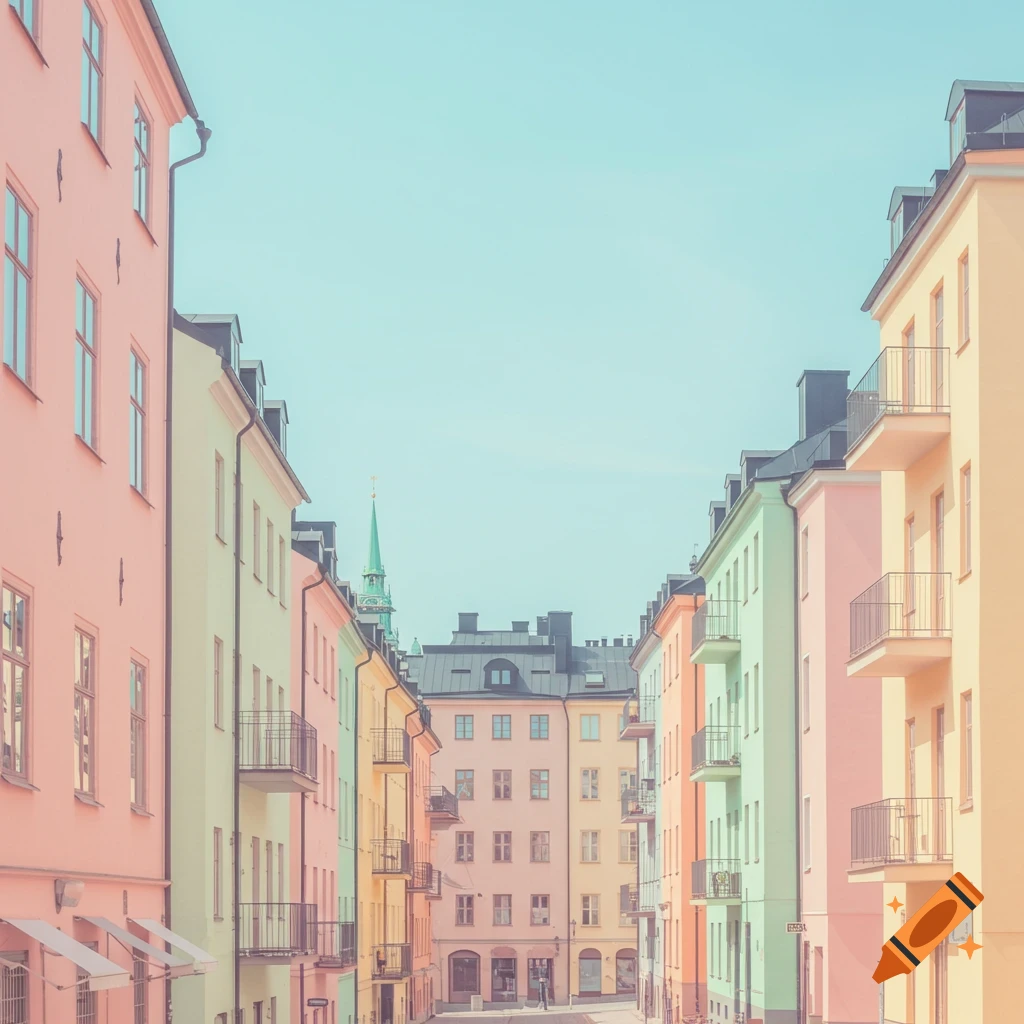 Pastel-colored buildings line a Scandinavian street with a church spire under a clear sky.
