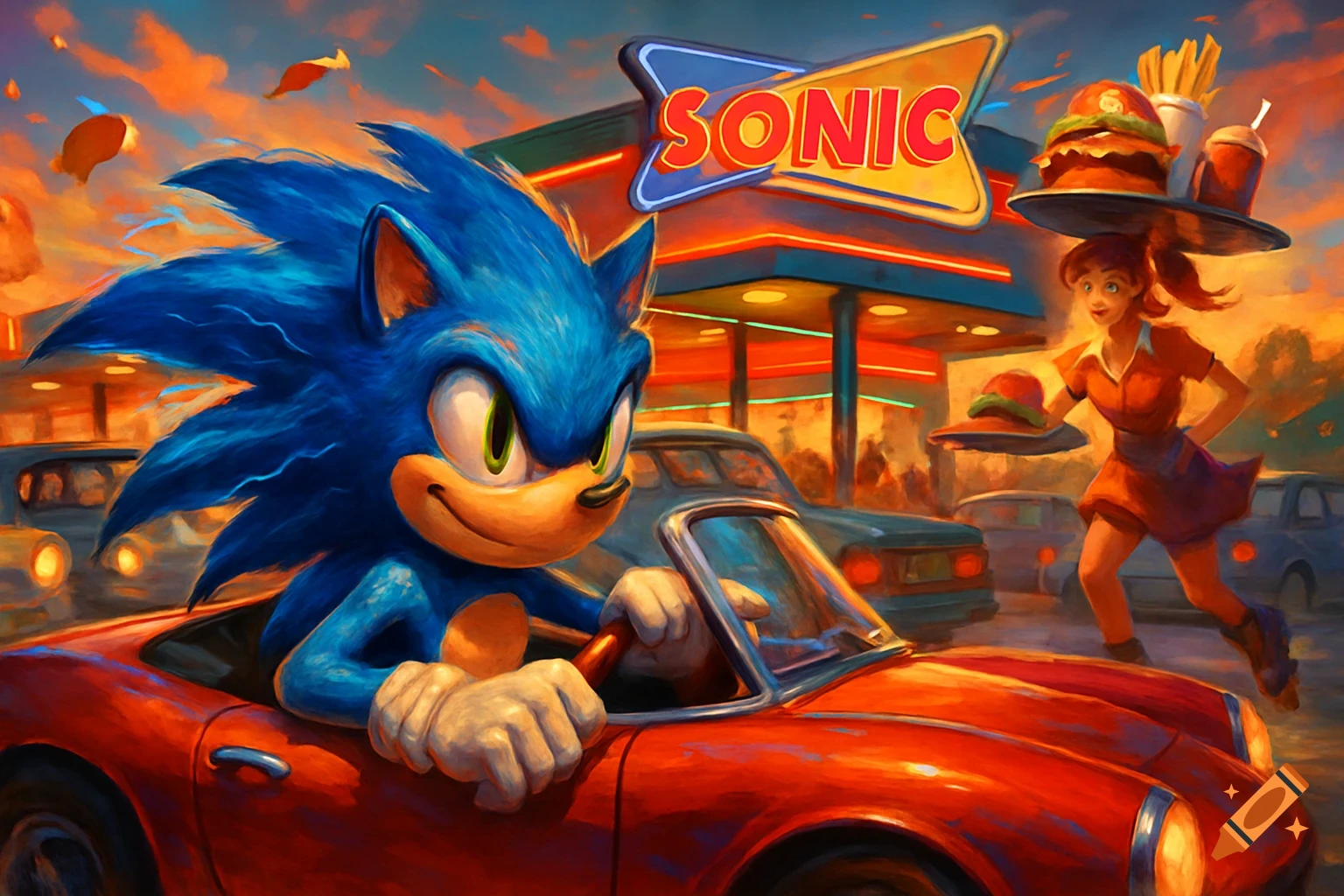 Vibrant painterly image of Sonic the Hedgehog driving a red convertible at a retro Sonic drive-in, with a waitress carrying food.