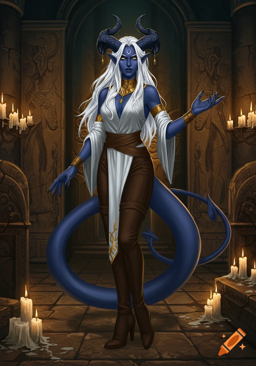 A blue-skinned tiefling woman with horns, a tail, white hair, and golden jewelry, in a white tunic and brown pants, stands among lit candles in a stone chamber.