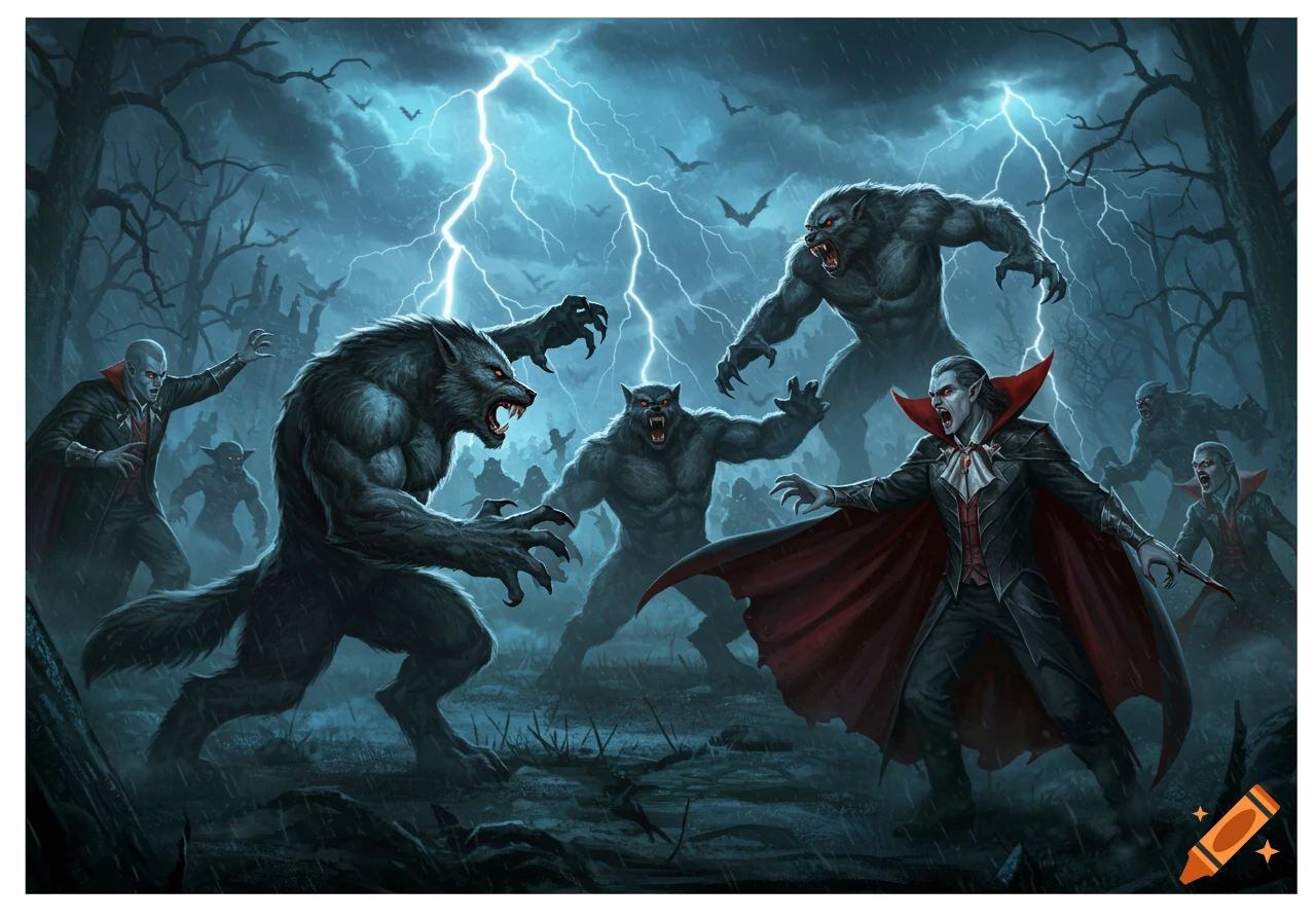 A dramatic fantasy illustration of werewolves battling vampires under a lightning-filled, stormy sky.