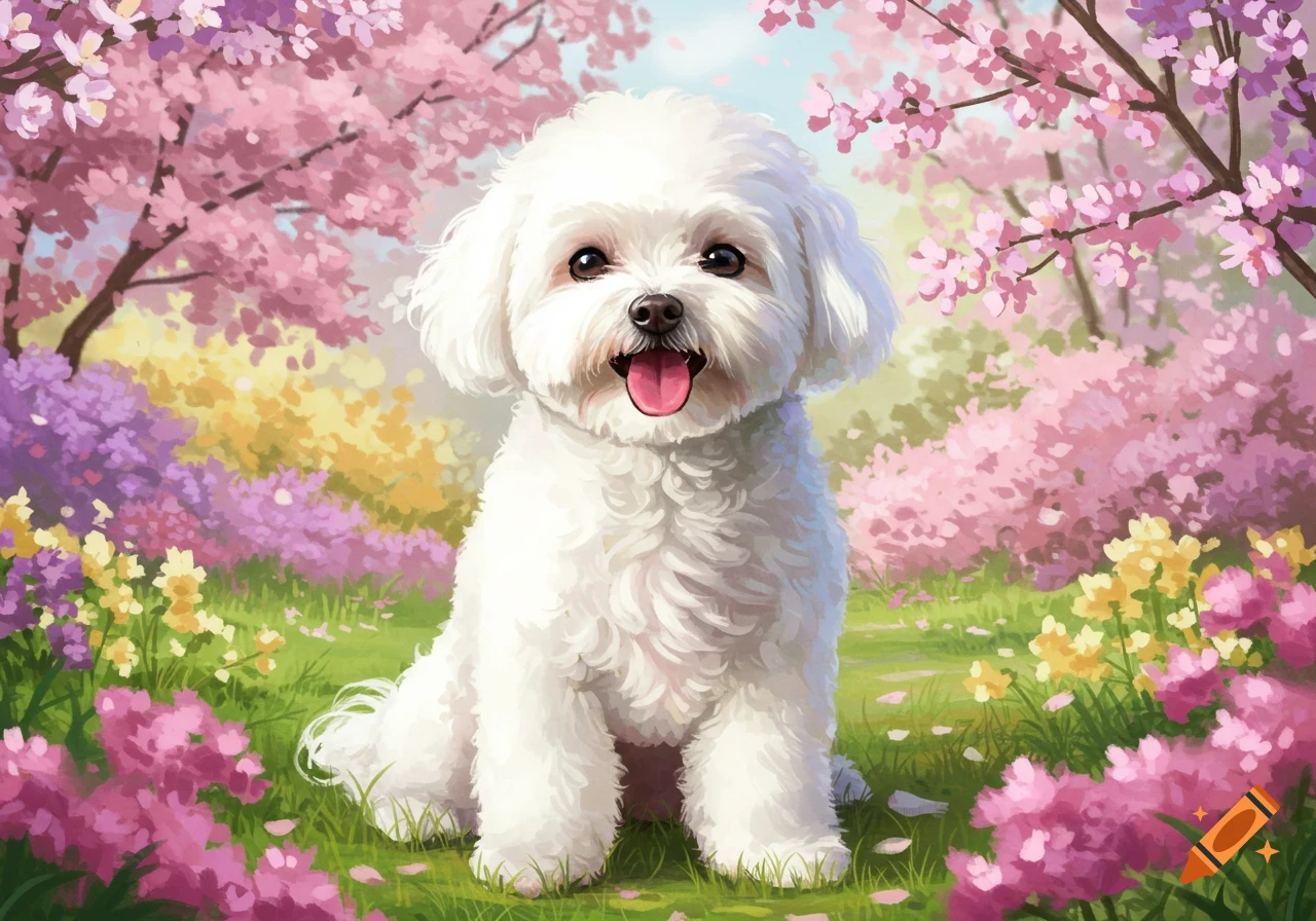 A fluffy white Bichon Frise dog sits happily in a vibrant spring field filled with pink cherry blossoms and colorful flowers.