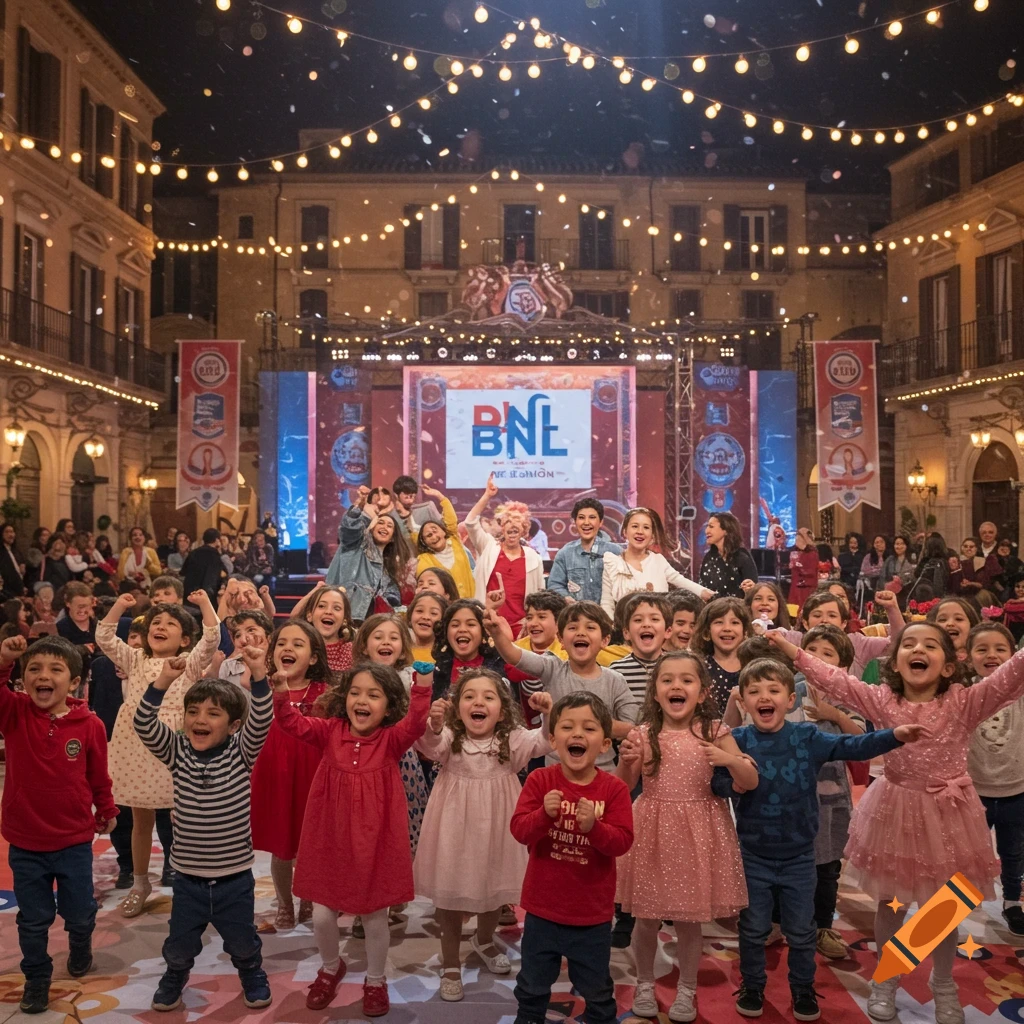 Cheering children and adults at an outdoor night event with confetti, stage displaying 'BNL' and 'TELETHON' logos.