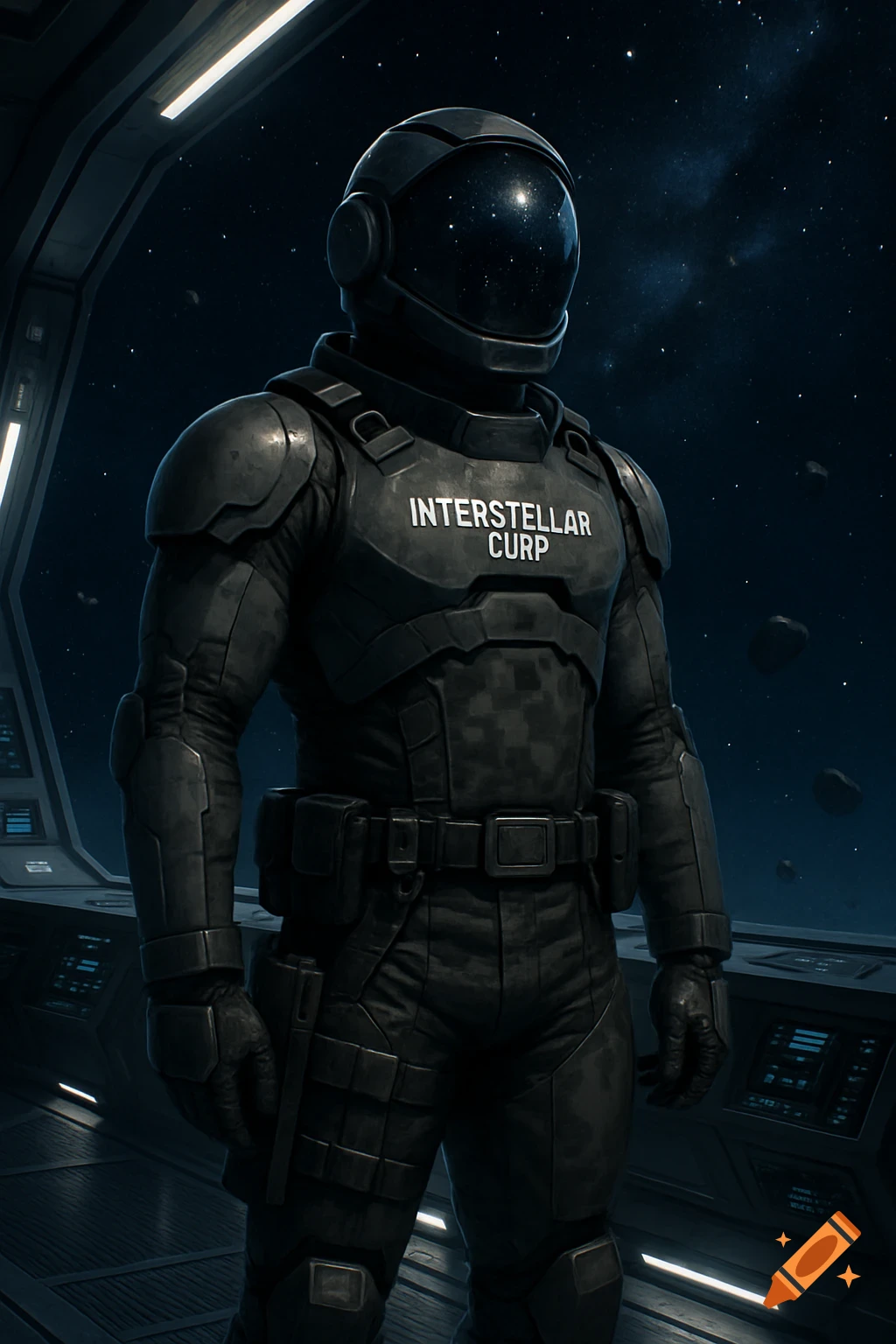 A futuristic space soldier in a dark armored suit with a helmet reflecting stars, standing inside a spaceship with a view of space.