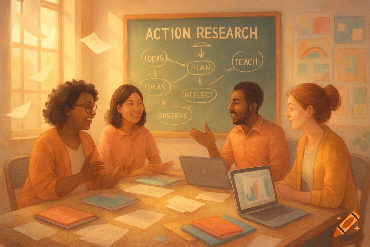 Diverse group of four people discussing in a warm, painterly classroom with an 'Action Research' diagram on the blackboard.