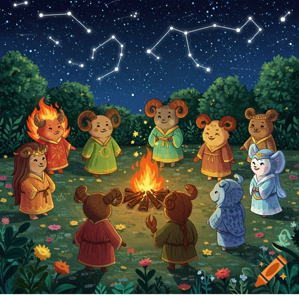 An illustration of cute animal-like zodiac characters in robes gathered around a campfire under a starry night sky with constellations.