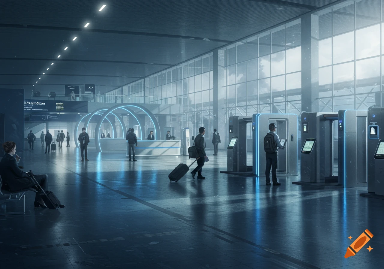 Photorealistic interior of a modern airport with passengers, information desks, and futuristic security gates under bright lighting.