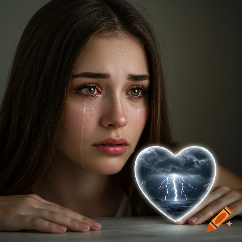 Photorealistic portrait of a young woman crying, looking at a glowing heart containing a stormy sea with lightning.