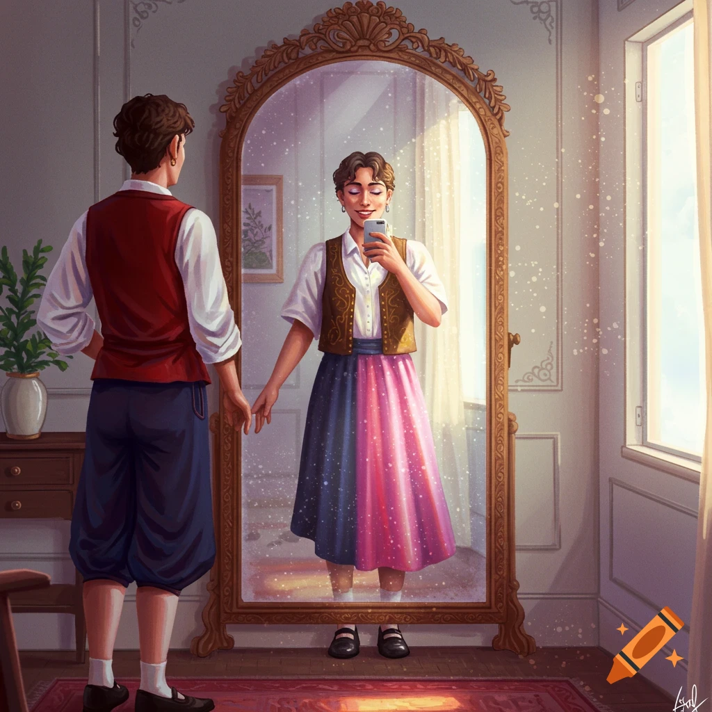 A person in traditional attire looks into an ornate mirror, reflecting a happier, gender-fluid version of themselves in a colorful skirt, art style.