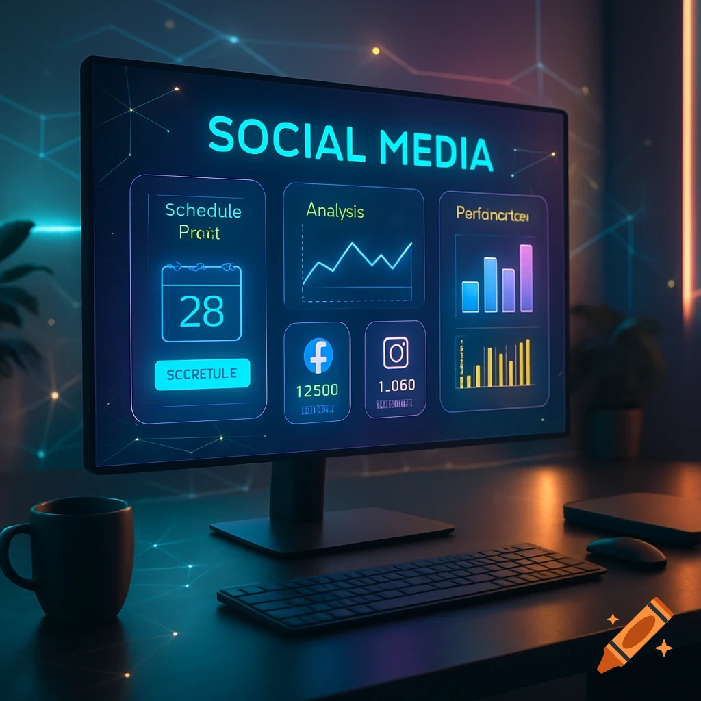 A computer monitor displaying a social media analytics dashboard with charts, icons for Facebook and Instagram, a schedule, and a calendar, on a dark desk with a keyboard, mouse, and mug.
