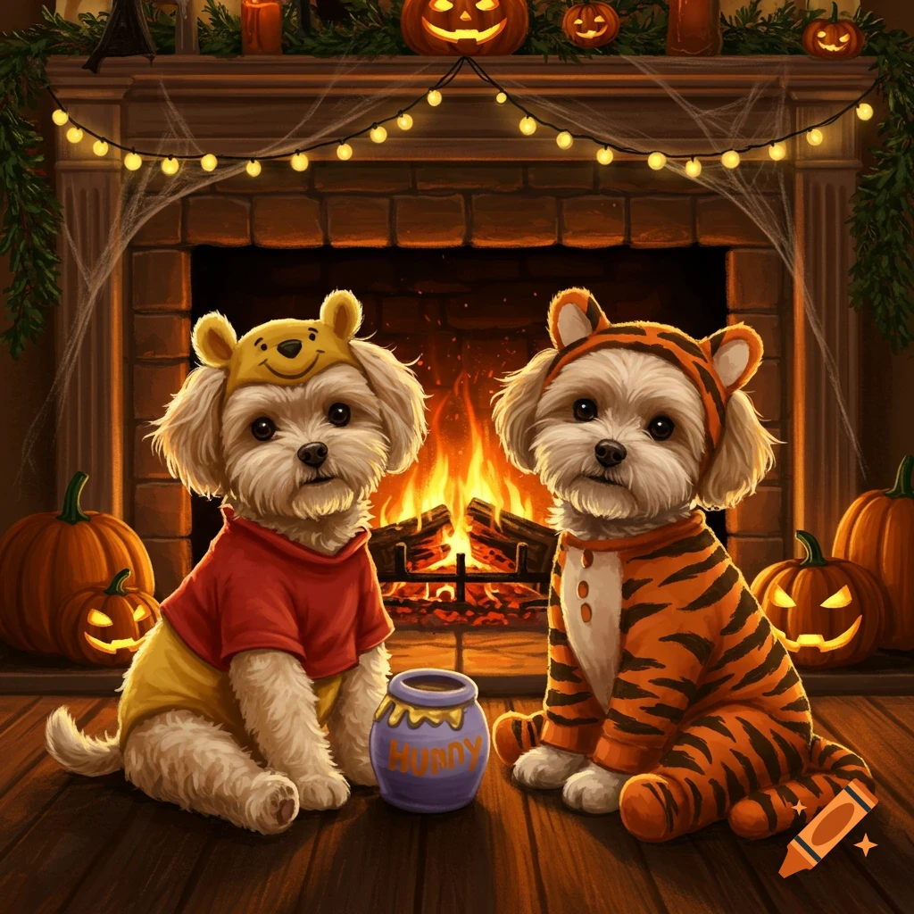 Two fluffy puppies, one dressed as Winnie the Pooh and one as Tigger, sit in front of a Halloween-decorated fireplace with jack-o'-lanterns.