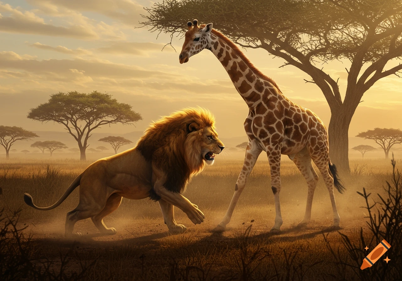 A male lion walks towards a tall giraffe in a golden savanna at sunset, with acacia trees scattered in the hazy background.