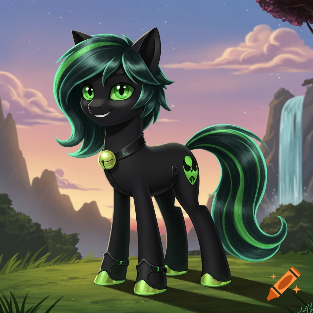 A black cartoon pony with green mane and tail, green eyes, and a bell collar stands in a grassy field with mountains and a waterfall at sunset.