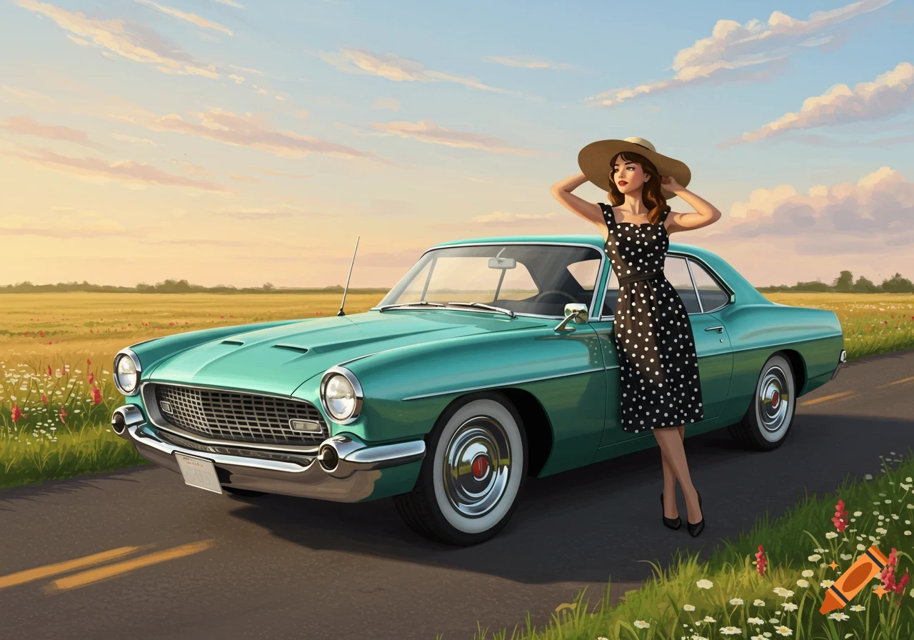 An illustration of a woman in a polka dot dress and hat leaning against a vintage teal car on a road, with fields at sunset.