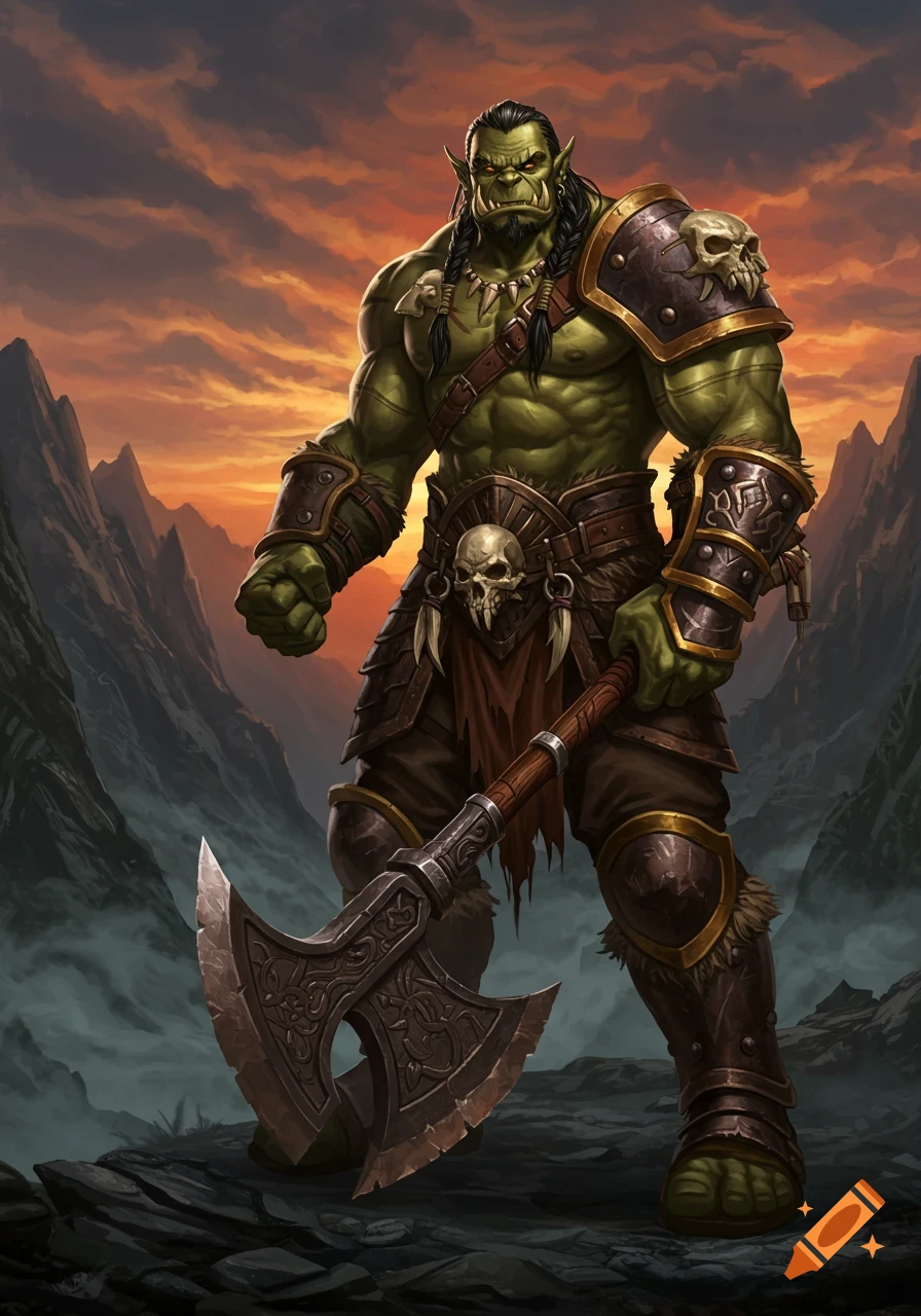 Muscular green orc warrior with tusks and braided hair, in armor, holding a double-bladed axe against a dramatic sunset mountain landscape, fantasy art.