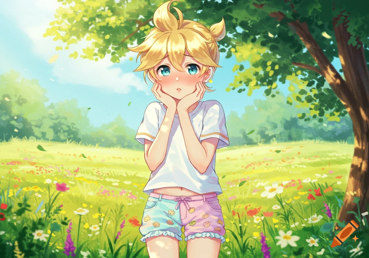 An embarrassed anime boy with blonde hair and blue eyes stands blushing in a sunny field of colorful wildflowers.