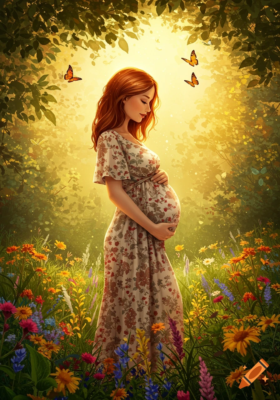 A red-haired pregnant woman in a floral dress stands in a vibrant meadow, cradling her belly. Sunlight shines through leaves, with butterflies and wildflowers.