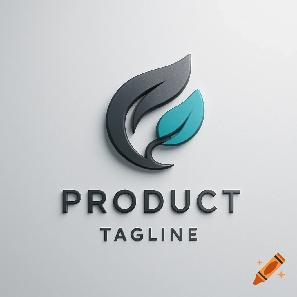 3D rendered product logo with two stylized leaves, one dark gray and one teal, above the words PRODUCT and TAGLINE.