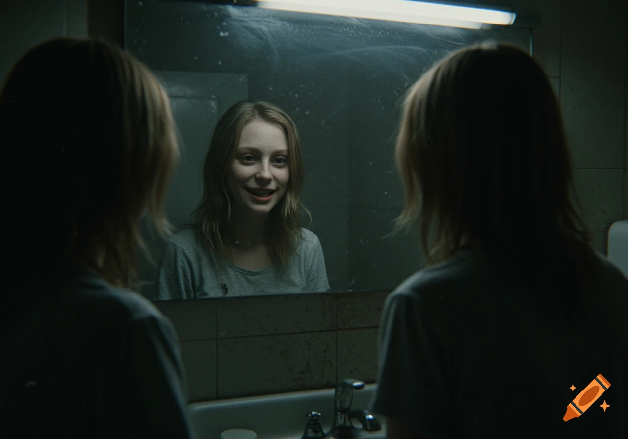 Grainy, eerie image of a young woman's sinister reflection with braces, smiling unnaturally in a dark bathroom mirror.