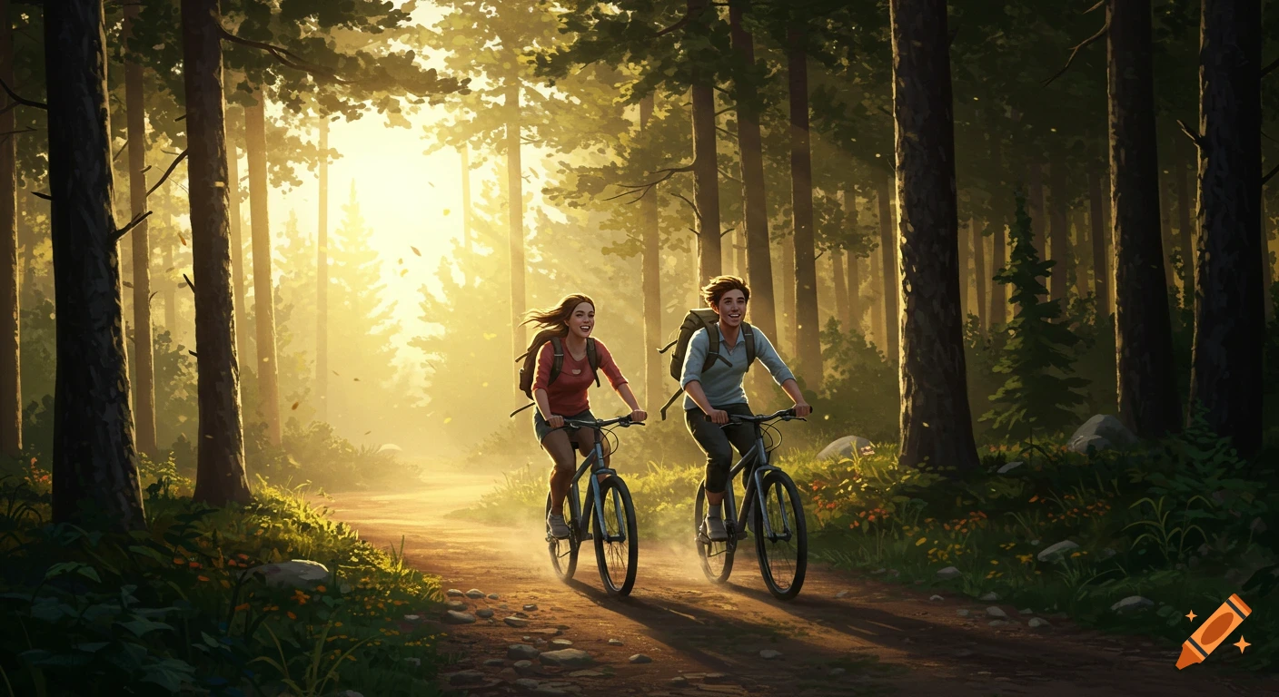 Two friends laugh as they ride bikes on a sun-dappled forest trail during golden hour in a vibrant, semi-realistic style.