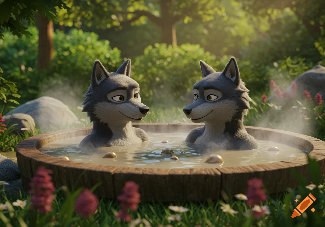Two cartoonish gray wolves, a male and female, smile at each other while relaxing in a steamy wooden hot tub in a lush forest.