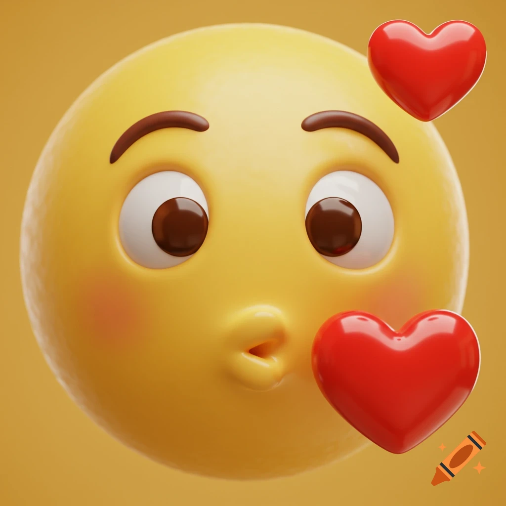 A hyperrealistic 3D yellow emoji face blowing a kiss, with two red hearts floating around it.